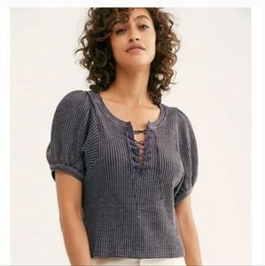 Free People puff sleeve waffle top
